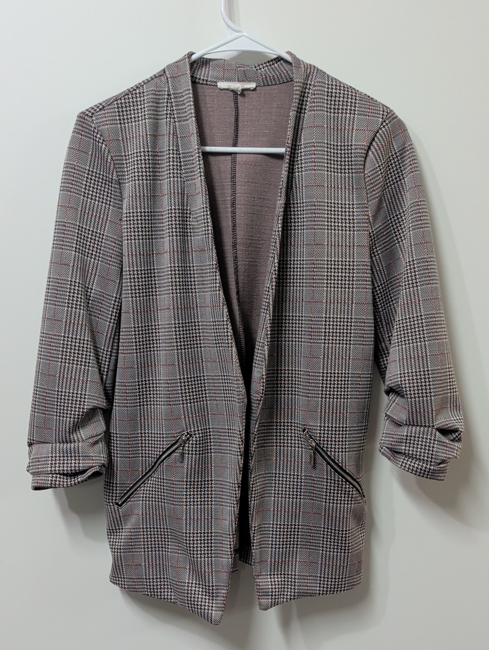 Maurices Open-Front Plaid Knit Blazer with Zipper Pockets